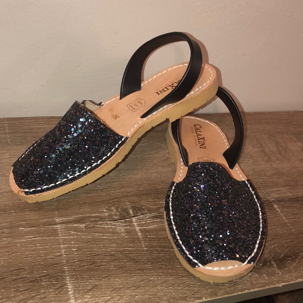 Calaxini leather sling back sandals black glitter.
